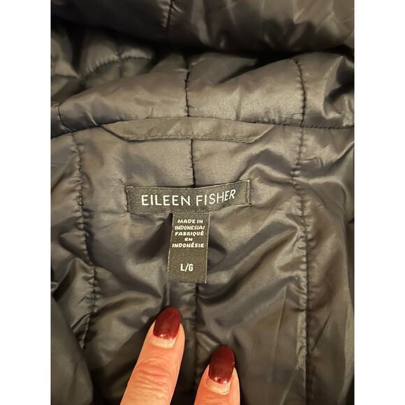 Eileen Fisher Black Quilted Hooded Coat  Size L Lightweight Packable Warm Jacket - Picture 4 of 6